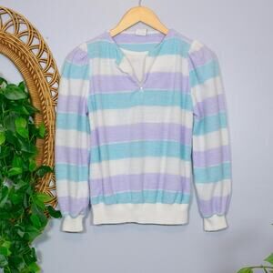 VTG 80s Pastel Stripe Knit Top Quarter Zip Puff Sleeve Topson Downs Light Summer